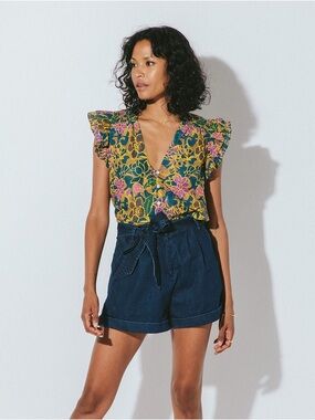 Cleobella Chloe Floral Ruffle Short Sleeve Blouse In Indoblock Print Size XS